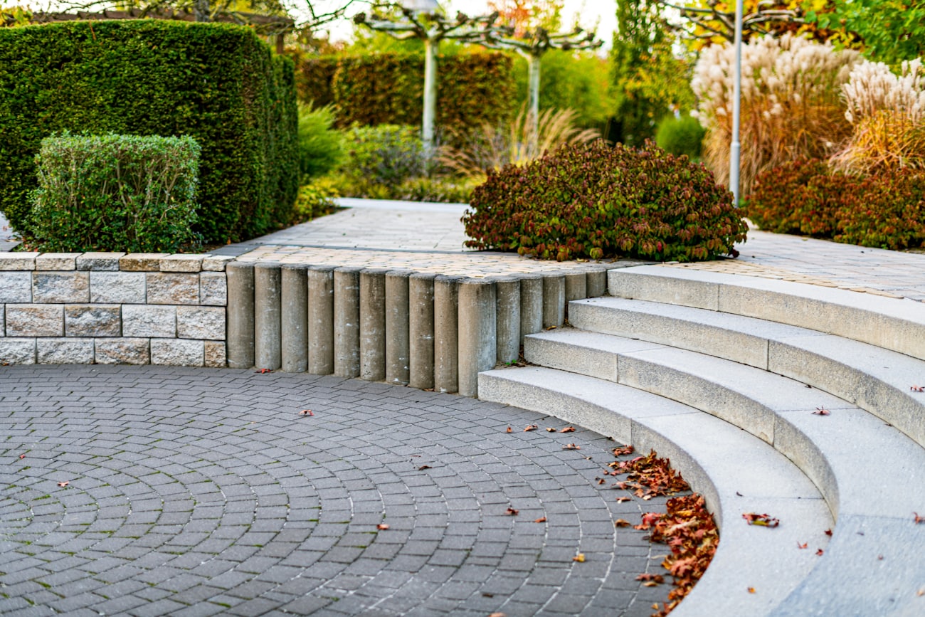 Natural stone steps in a manicured garden